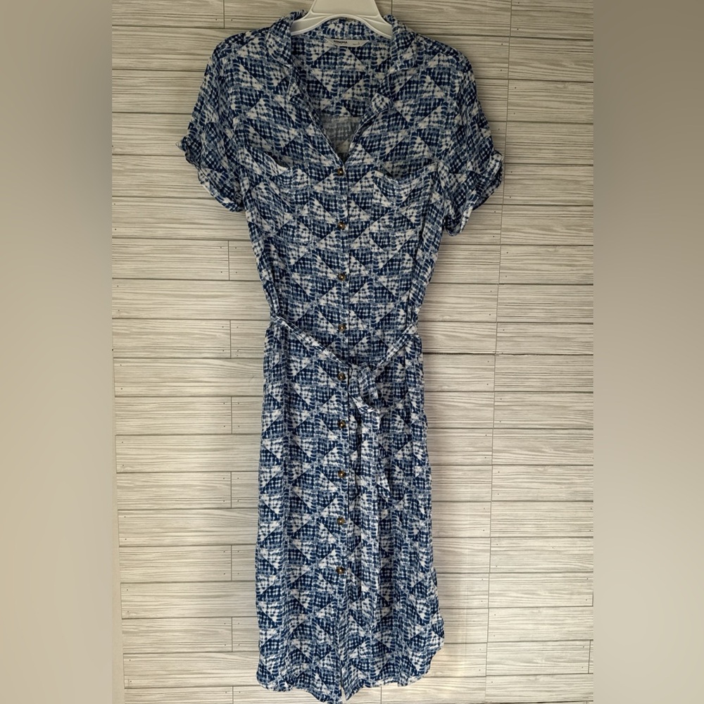 Sonoma Blue and White Geometric Midi Shirt Dress